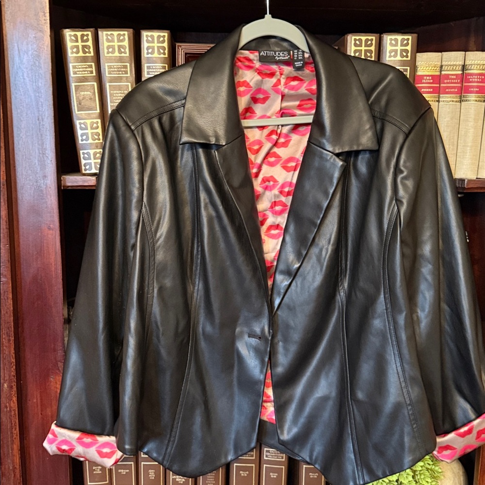 Attitudes by Renee Black faux Leather Jacket with Lip-Patterned Lining - Picture 4 of 6